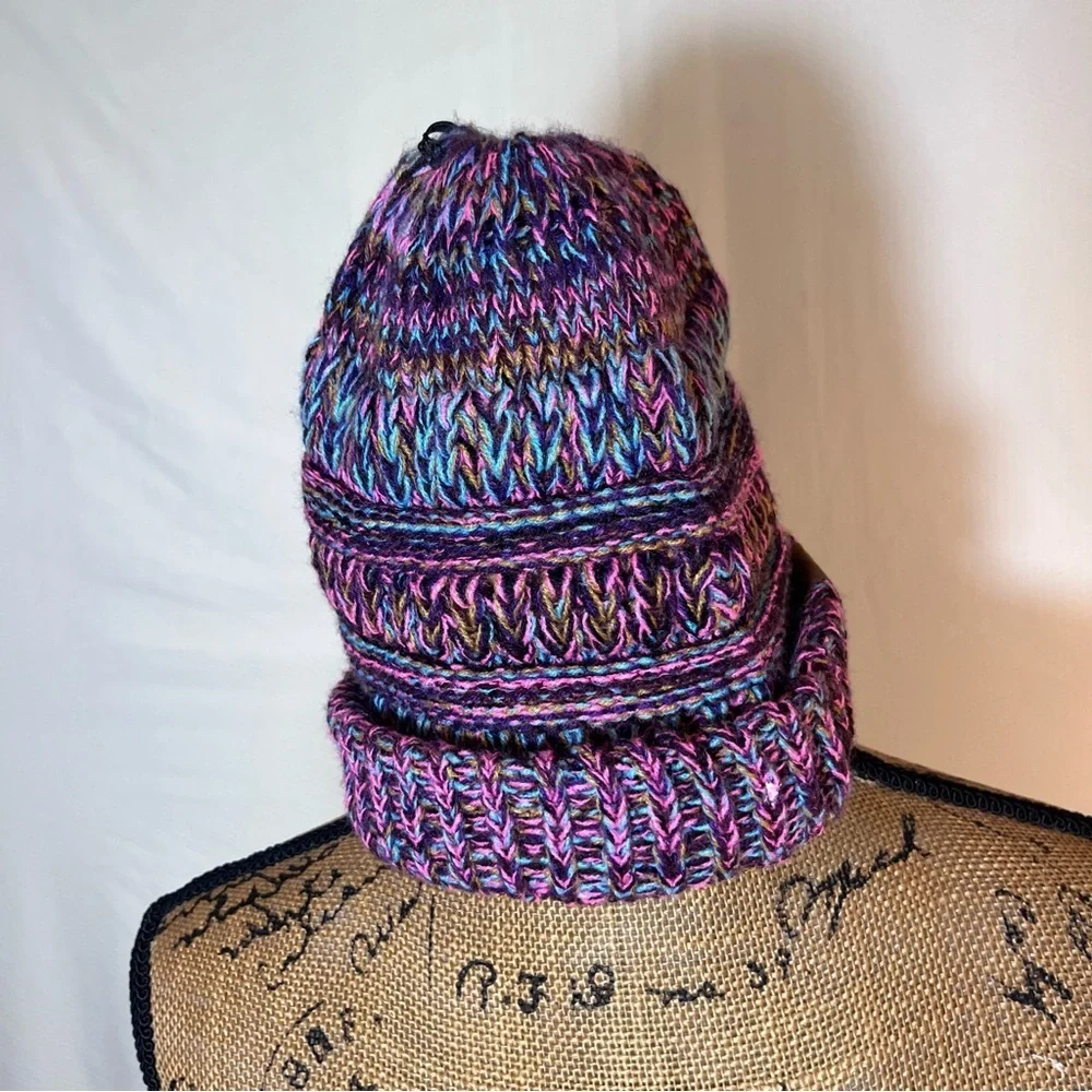 Multi-Color Marled Knit Ponytail Beanie - Purple & Pink Chunky Messy Bun Hat